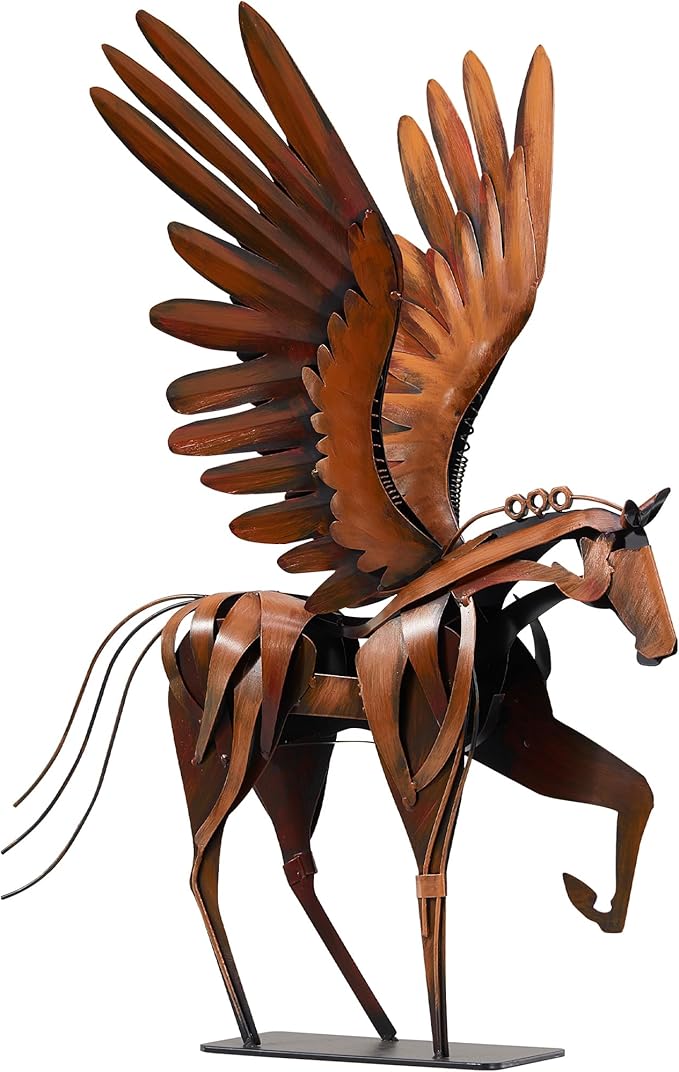 SunBlogs Art Horse Statue Décor Artwork, 24" H Handmade Metal Pegasus Greek Flying Horse Sculpture, Hand-Painted Animal Figurines for Home Living Room Office (Brown with Wings)