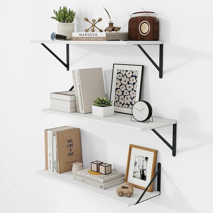 Vivelove White Deep Floating Shelves for Wall, 24W x 8D Wood Wall Shelves Set of 3, Wide Floating Bookshelf for Living Room, Kitchen, Office, Bedroom and Decor Storage, with Black Bracket - White