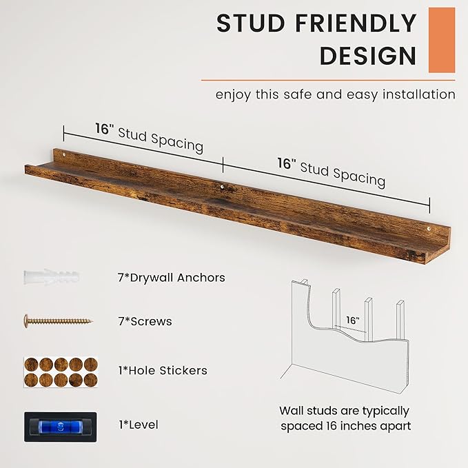FLYJOE Picture Ledge Shelf, Floating Shelves Set of 2, 48 Inches Long Large Nursery Book Shelves for Toys Storage, Kids Bookshelf Wall Mounted for Living Room Bedroom Decor Books Photo Frames,Brown