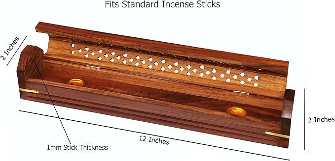 Sheesham Wood Incense Burner Holder – Set of 2 Coffin Style Carved Lattice Lid Ribbed Wood Detail Incense Box - Hidden Storage & Ash Catcher – Aromatherapy Stick & Cone Burner - 12x2x2 – COTTON CRAFT