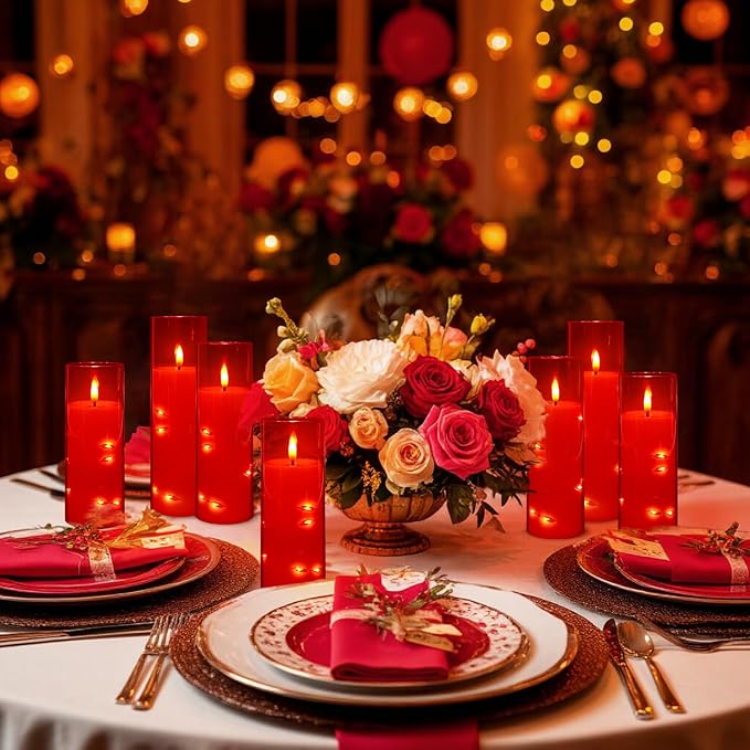 12‑Pack Red Flameless LED Candles(D 2.2" xH 5" 6" 7") with Embedded String Lights,Acrylic Pillar Candles with 2 Remote Timers, Battery‑Operated for Christmas, Halloween & New Year Decor.