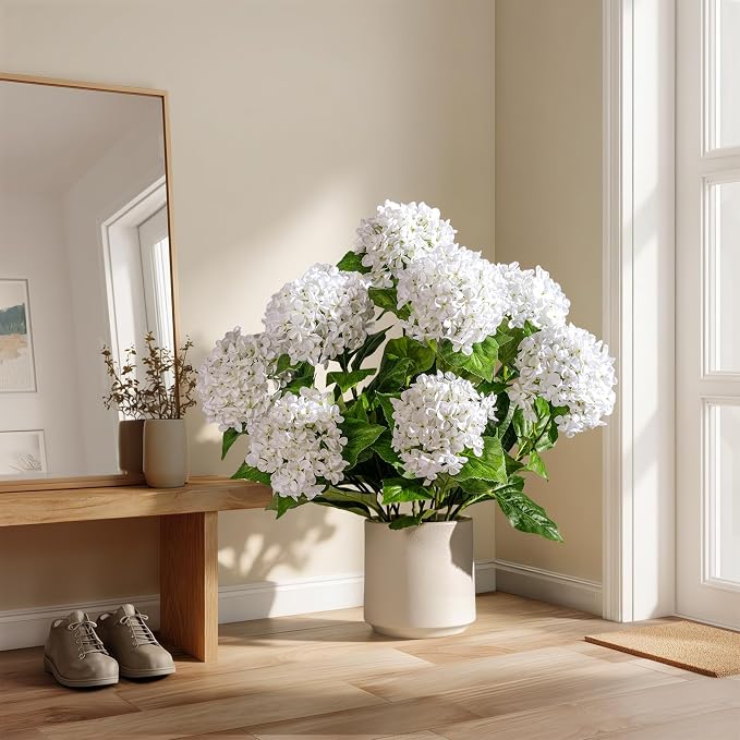 2 Pack Artificial Plants UV Resistant Faux Hydrangea Tree Indoor Outdoor Realistic Floor Plants Large Faux Plastic plantas Fake Flowers Trees for Home Porch Garden Office Porch Patio Front Decor