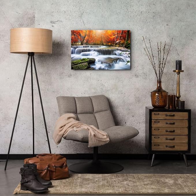 Fall Nature Sunset Wall Art Living Room Waterfall Mountains Picture Bedroom Bathroom Decor Autumn Maple Trees Scenery Canvas Prints Vintage Photography Artwork Modern Home Bathroom Decorations 16x24"