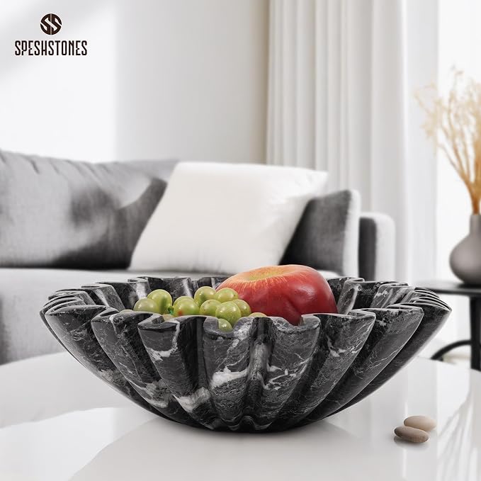 Marble Large Decorative Bowl Handmade 10 Inch Black Ruffle Bowl, Scalloped Bowls for Home Decor, Modern Fruit Bowl for Kitchen Counter, Stone Fluted Bowl for Housewarming Gifts