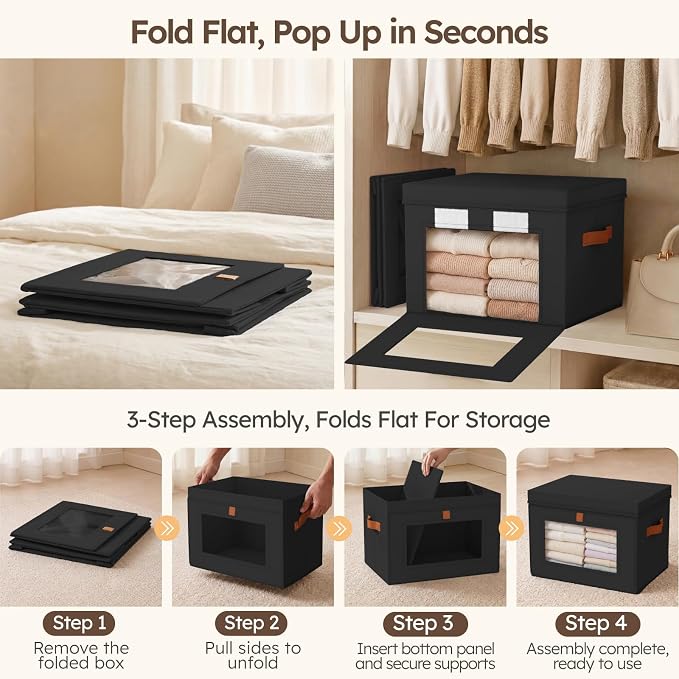 Homsorout Storage Bins with Lids - Front Opening Storage Box with Clear Window & Handles, Stackable Foldable Fabric Bins for Closet Organization, Clothes, Sweaters, Towels, Blankets, 3 Pack, Black