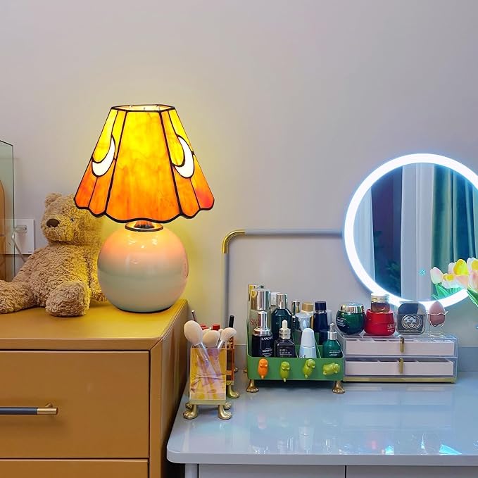 Tiffany Style Moon Mushroom Stained Glass Table Lamp Orange Small Table Lamp Bedroom Bedside lamp Living Room Dining Room Office Decoration Desk lamp Home Decoration Creative Gift