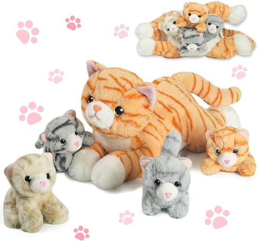 5 PCS Cat Stuffed Animal with Babies, Mommy Stuffed Orange Cat Toy with 4 Plush Kittens Inside Belly, Stuffed Kitty Plushies Toys for Kids Easter Stuffers Birthday Christmas Party Favors Gifts