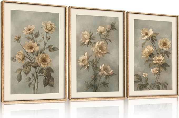 KAIRNE Vintage Botanical Flower Framed Canvas Wall Art Set,Boho Green Beige Floral Wall Decor,Rustic Wildflower Art Prints,Modern Minimalist Artwork for Living Room,Bedroom,Farmhouse,Office-24 x36 x3