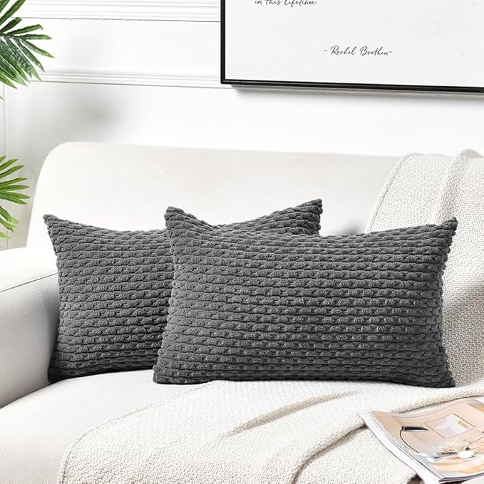 Fancy Homi 2 Packs Dark Gray Long Lumbar Decorative Throw Pillow Covers 12x24 Inch for Couch Bed Sofa, Modern Farmhouse Boho Home Decor, Soft Cute Plush Corduroy Rectangle Cushion Case 30x60 CM