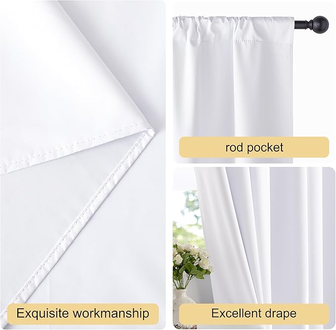 NICETOWN Bedroom 100% Blackout Curtains, 2 Panels, 34 by 72, Snow White, Window Treatment Rod Pocket Curtains/Drapes for Bedroom