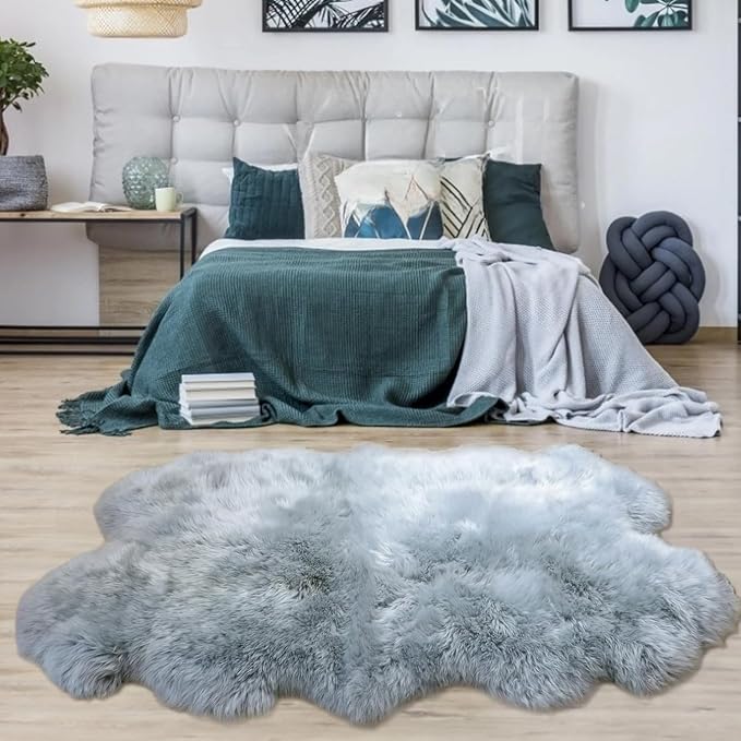 Woolous Gray Sheepskin Rug 4x6 ft Genuine New Zealand Quad Pelt Area Rug | Natural real sheep skin rug, soft fluffy fur carpet for nursery decor, bedroom, living room floor, large 4 pelt sheepskin rug