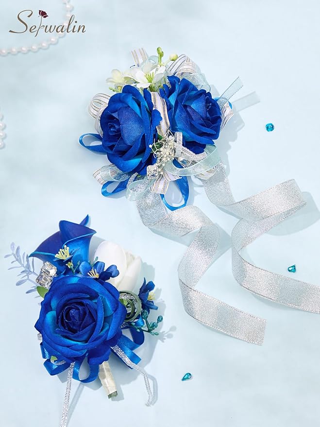 Serwalin Blue Prom Corsage and Boutonniere Set, Artificial Calla Lily & Rose Wrist Corsage Wristlet for Homecoming, Formal Dance, Wedding Flowers Accessories Party Suit Decorations