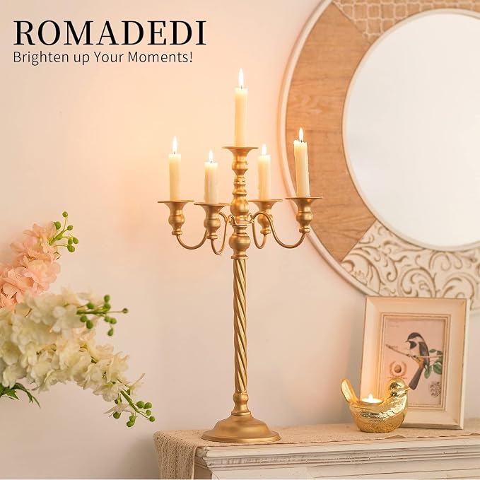 Romadedi Gold 5-Arm Candelabra for Taper Candles, 21 in, Pack of 2 | Metal Candlestick Holders with Curved Branches for Wedding Centerpiece, Reception, Dining Table, and Christmas Decor.