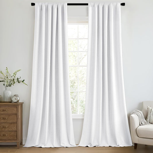 MIULEE 100% Blackout Curtains 84 Inch Long 2 Panels Set for Bedroom, Thick Faux Linen Black Out Curtain Room Darkening Back Tab Pleat Window Textured Drapes with Hooks for Living Room, Bright White