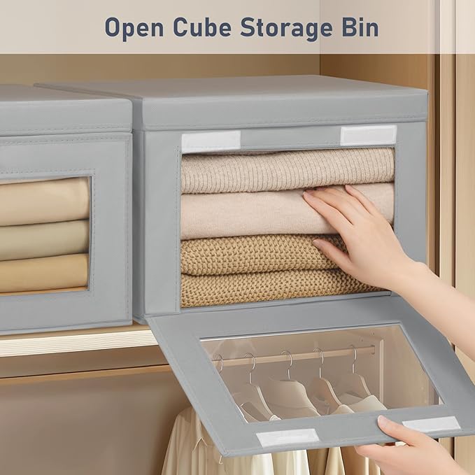 Homsorout Large Storage Bins with Lids - Fabric Collapsible Closet Storage Organizer with Window & Handles, Stackable Decorative Storage Boxes for Clothes, Blankets, Sweaters, 6 Pack, Grey