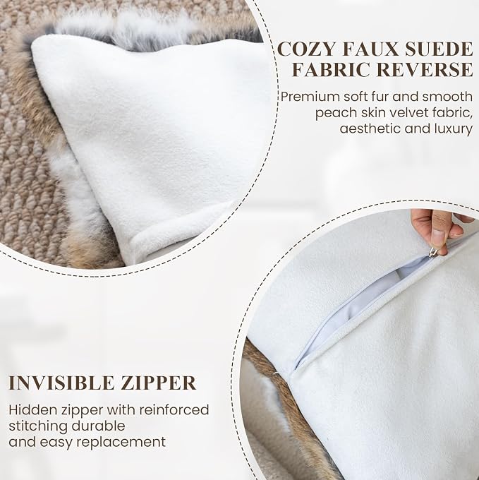MOOX Rabbit Fur Pillow Covers Set of 2 Fur Throw Lumbar Decorative Pillow Fuzzy Soft Fluffy Genuine Animal Skin 18"x18" Sofa Couch Bed Cover, Couch-Yellow White