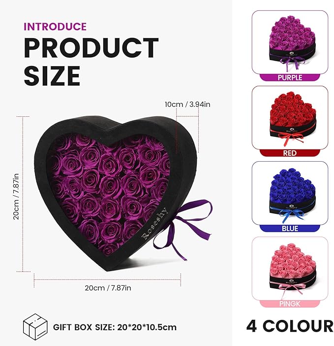 Valentines Day Flowers Roses Gifts for Her,28pcs Purple Forever Preserved Roses in Heart Shape Gift Box,Valentines Day Delivery Prime Gifts-Roses Gifts for Women,Mom.