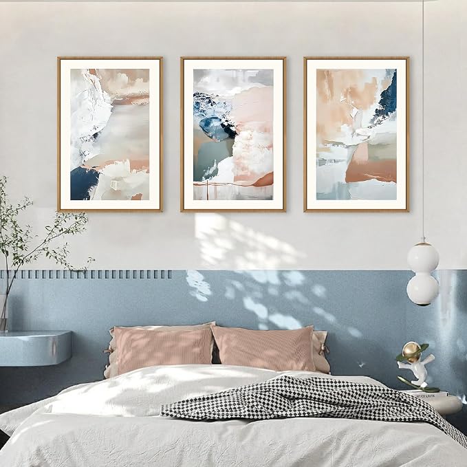 Large Abstract Brush Strokes Framed Canvas Wall Art,Neutral Navy Blue Wall Decor,Modern Pastel Wall Painting,Grey White Toned Artwork for Living Room,Bedroom,Dining Room,Office -24"x36"x3