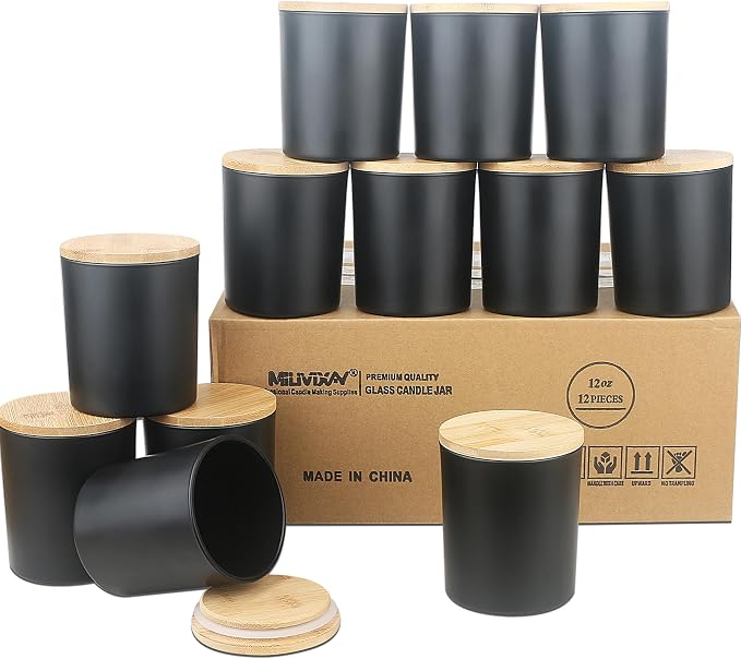 MILIVIXAY 12Pack 12 OZ Matte Black Thick Glass Candle Jars with Lids.