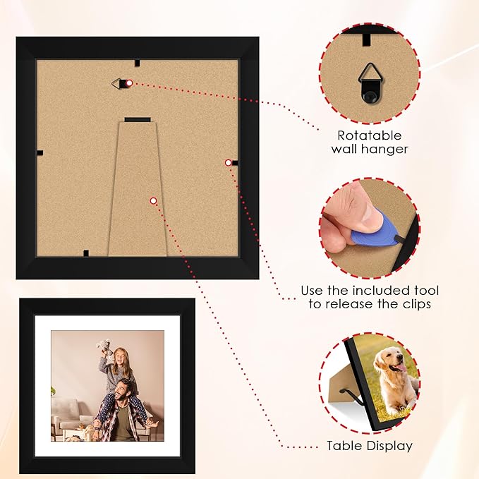 FIXSMITH 8x8 Picture Frames Set of 4, Photo Frame with HD Plexiglass, Display Pictures 6x6 with Mat or 8x8 Without Mat Multi Picture Frames Collage for Tabletop or Wall Display, Black