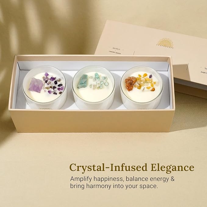 AvaConcept Healing Crystal Candle Gift Set – Set of 3 Amethyst, Amazonite & Sunstone Hand-Poured Soy Wax Lavender Jasmine, Coastal Breeze & Jungle Attachment Aromatherapy 3.5oz Each | Premium Gift Box