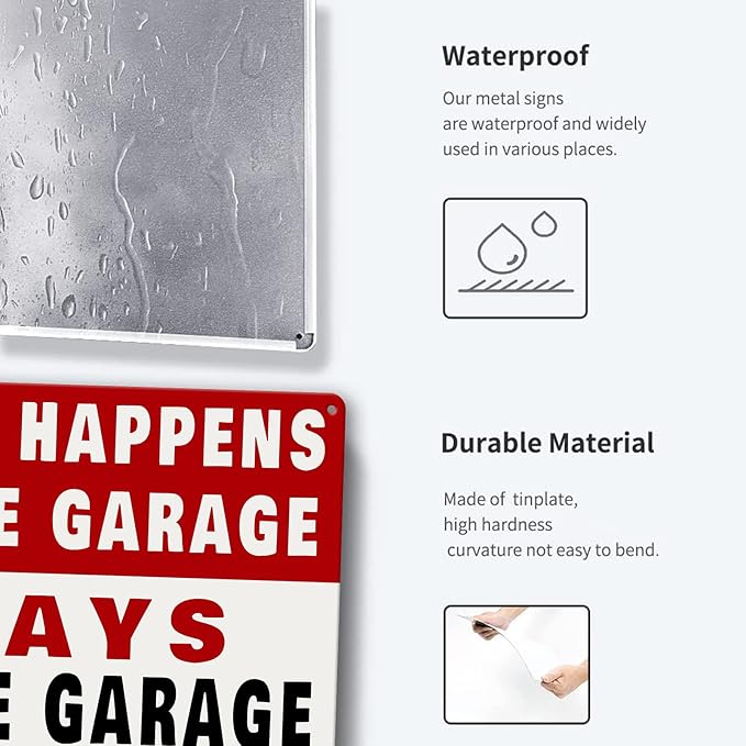 Metal Tin Garage Sign Man Cave Wall Decor For Men What Happens In The Garage Stays In The Garage Signs Funny Room Accessories Home Decorations Bar Signs Garage Rules Garage Stuff Gifts 12 X 8 Inch