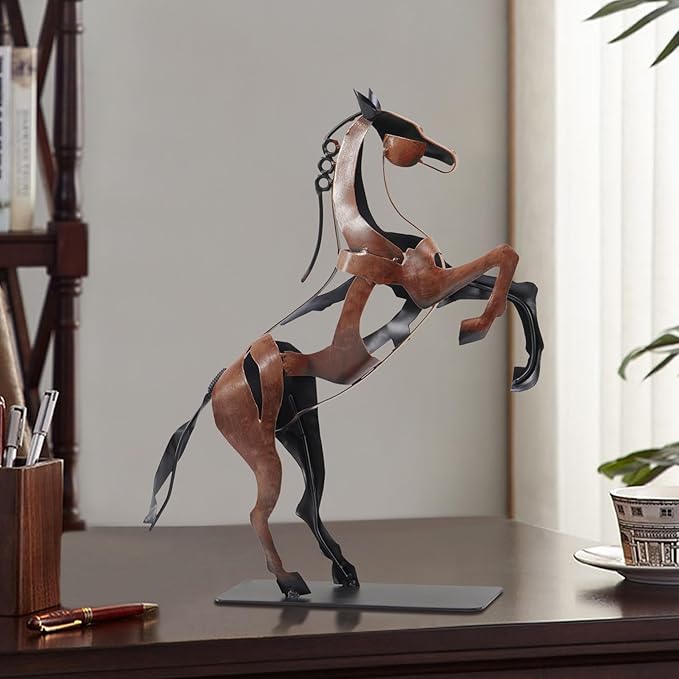 SunBlogs Art Metal Horse Statue Décor, Handmade & Hand-Painted Modern Western Horse Decoration, Rustic Iron Sculpture Gifts for Home Office for Horse Lovers (Brown)