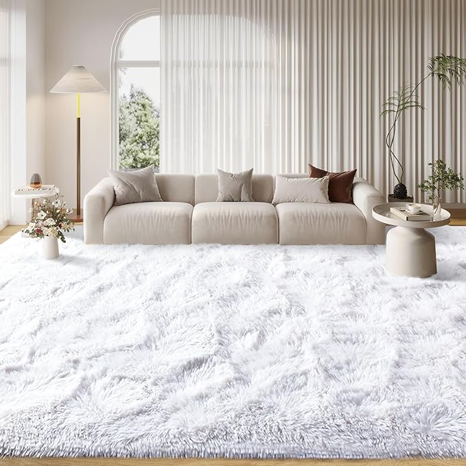 FinRèc 8x10 Feet White Rugs for Bedroom Living Room, Plush Shag Area Rug, Non-Slip Fluffy Furry Rug for Nursery Kids Room Dorm Room Home Decor, Indoor Shaggy Floor Carpet