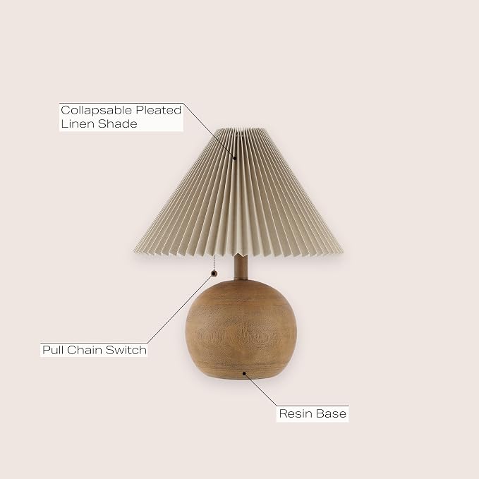 JONATHAN Y 17.25" Brown Wood Finish Sphere Table Lamp, Mid-Century Bedside Nightstand with Beige Pleated Linen Shade, Scandinavian Coastal Style, LED Bulb Included JYL1145A