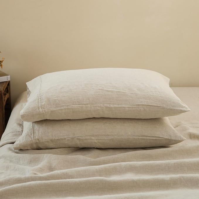 100% French Linen Pillowcases with Embroidery - Pack of 2 - Washed Solid Color Natural Flax Soft Breathable - Linen, 20'' x 30''