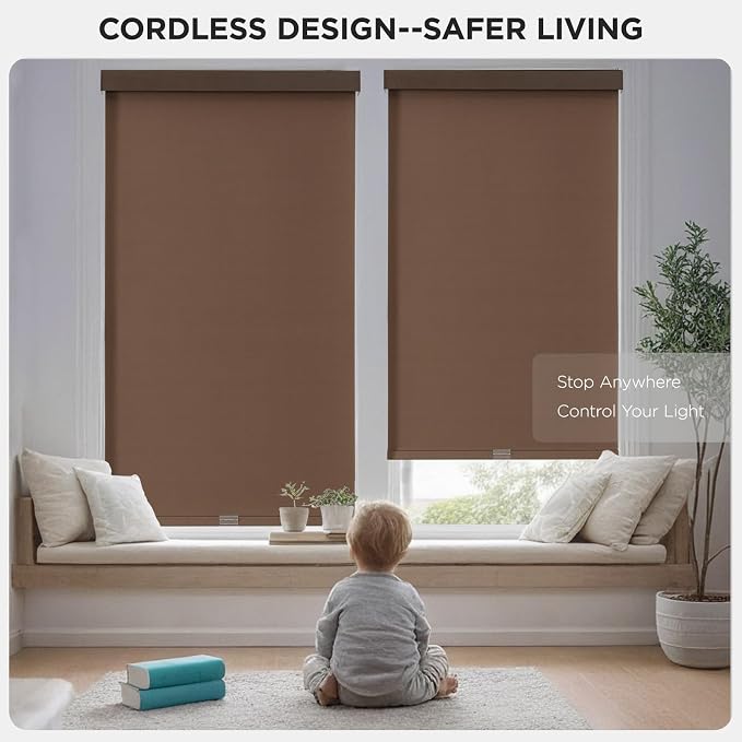 Joydeco 100% Blackout Roller Shades (Pro), Free-Stop Cordless Blinds for Windows, UV Protection, Natural Woven Blinds for Home and Office, Light-Proof Aluminum Cover (Coffee, Custom Size)