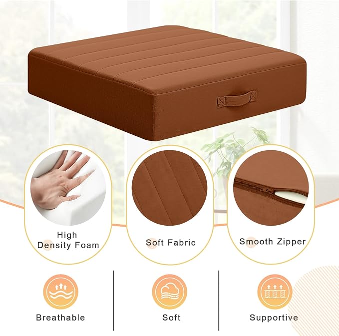 MeMoreCool Square Floor Pillow Seating for Adults Kids, Large Meditation Cushion Floor Pillow with Thick Foam & Soft Tufted Cover, Washable Big Pillow Seat Floor Cushion for Sitting Yoga 24" Coffee