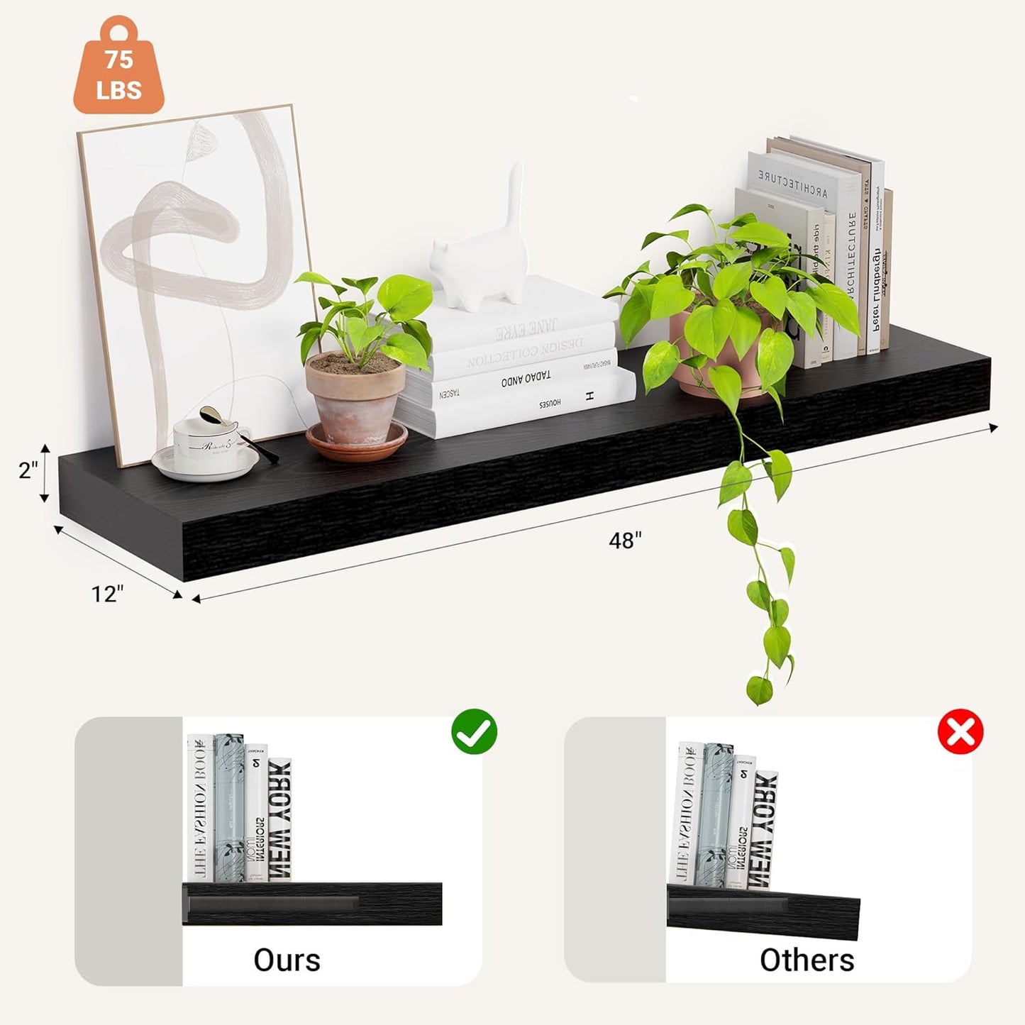 Heimlove 12 Inch Deep Floating Shelves, 48 x 12 inches Long Wall Shelf, Large Display Shelf & Storage Shelf, Rustic Wood Wall Shelves for Fireplace Mantel, Set of 1(Black)