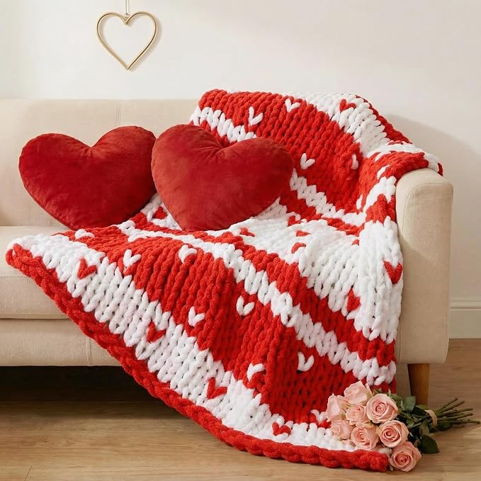 Mindsoft Chunky Knit Throw Blanket Large 50" X 60" Handmade Cream Chenille Loop Yarn Fluffy Soft Knitted Throw Big Cozy Thick Cable Knit Crochet Blanket for Couch Sofa Bed(Red,Heart)