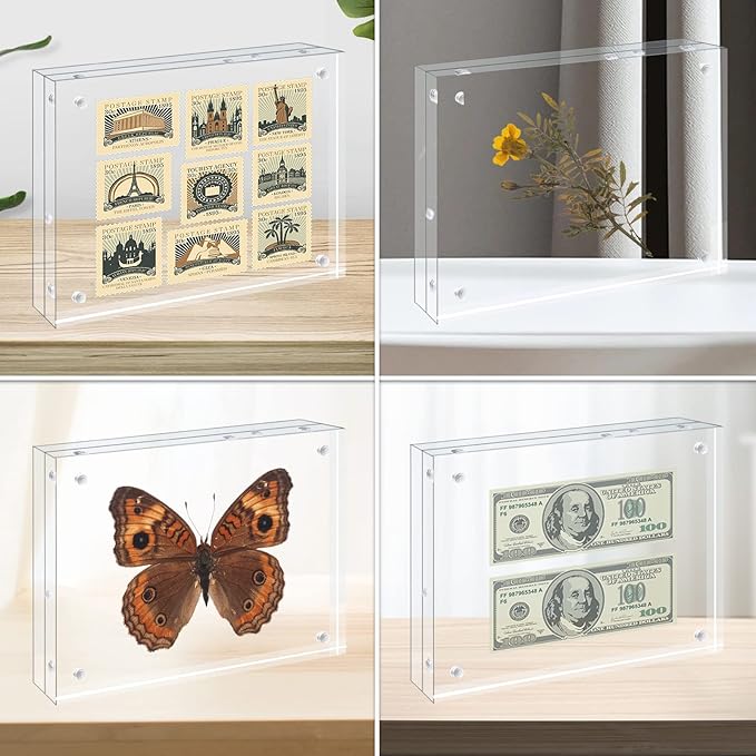 Egofine 8x8 Acrylic Frames 3 Pack, 20mm Thicker Frameless Clear Picture Frames, Double Sided Magnetic Picture Frames, Free Standing Desktop Display