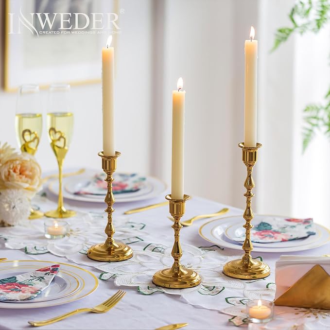 Gold Candlestick Holders Vintage: Brass Taper Candle Holders Bulk | for 0.87" Taper, Bottom with Felt Pad, 15 Pcs Antique Decor for Dinning Table, Mantel, Wedding Centerpieces, Christmas, Party