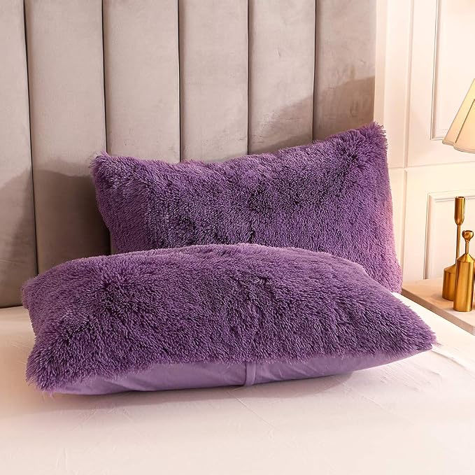 Faux Fur Velvet Fluffy Bedding Duvet Cover Set Down Comforter Quilt Cover with Pillow Sham, Ultra Soft Warm (Twin, Purple)