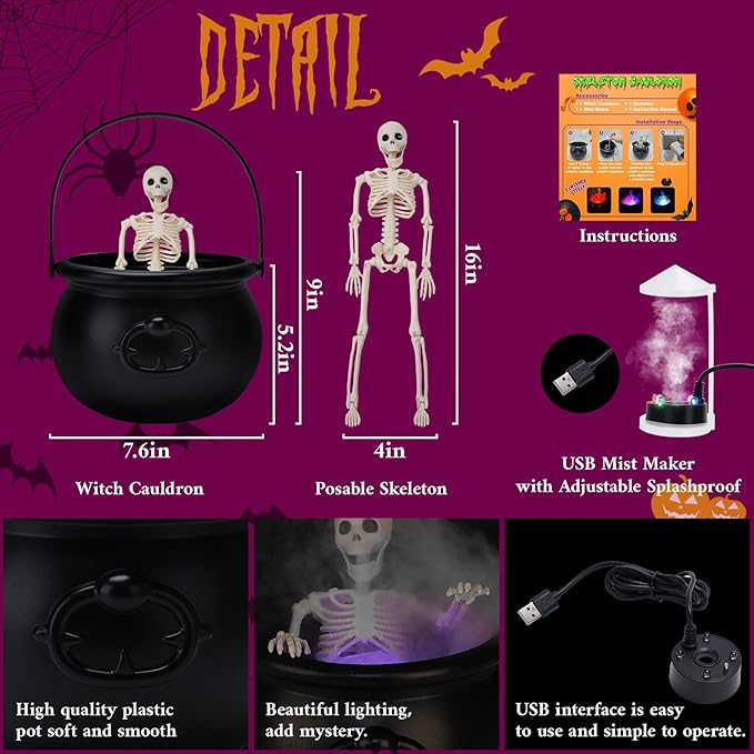 Halloween Decorations Indoor - Witch Cauldron with LED Fog Maker & Poseable Skeleton - Spooky Hocus Pocus Party Decor for Home, Table, Mantel, Kitchen - Vintage Magic Brew Cauldron Set