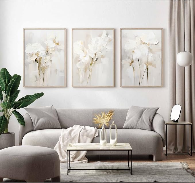 Neutral Wall Art Abstract Floral Canvas Pictures Beige Flower Wall Decor Modern Painting Minimalist Poster Abstract Botanical Prints White Artwork for Bedroom Living Room 12x16 Inch Unframed Set of 3