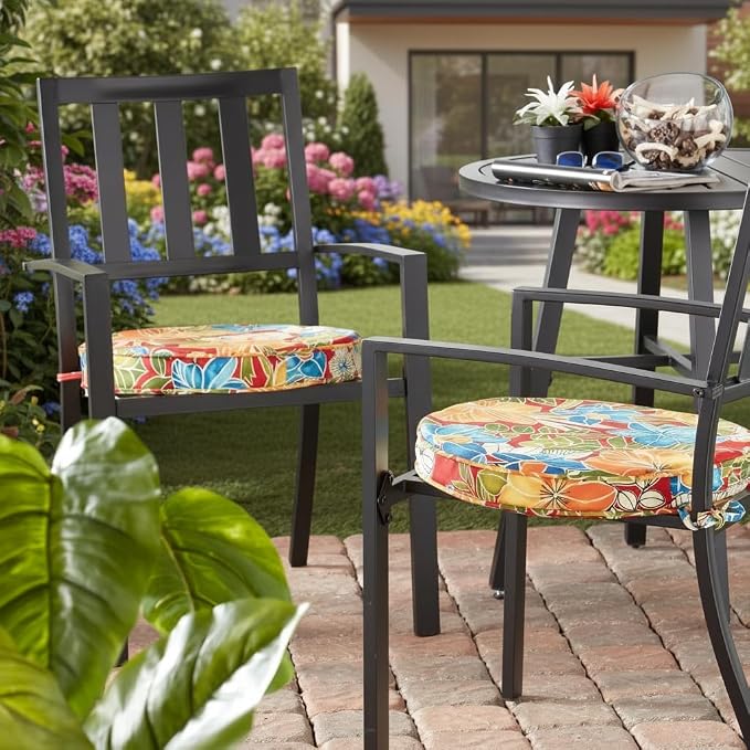 Set of 2 Outdoor 18 inch Round Patio Dining Chair Pads – Comfortable Fiber-Filled Seat Cushions with Ties, Reversible Polyester Fabric, Aloha Red Floral