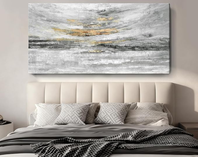 Nicetop 58x29" Large Black and White Abstract Coastal Wall Art with Metallic Gold Accents, Modern Minimalist Canvas Print of Ocean Waves and Clouds, Ready to Hang Wall Decor for Living Room, Bedroom Above Bed, Office