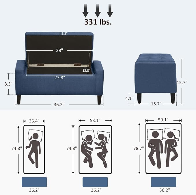 HOMCOM 36" Ottoman with Storage, Storage Ottoman Bench with Lift Top and Rubberwood Legs, Linen Upholstered Entryway Seat with for Living Room, Bedroom, Holds up to 330 lb, Dark Blue