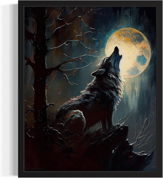 Wolf howling Poster Art Print, Halloween Scary Vintage Wall Art Academia Spooky Painting Decoration for Horror Prints, Gothic Posters Bedroom Decor 89 (Wolf howling, 11 x 14 inches, Black Frame)