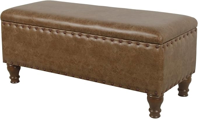 HomePop Large Storage Bench with Nailhead Trim - Distressed Brown Faux Leather