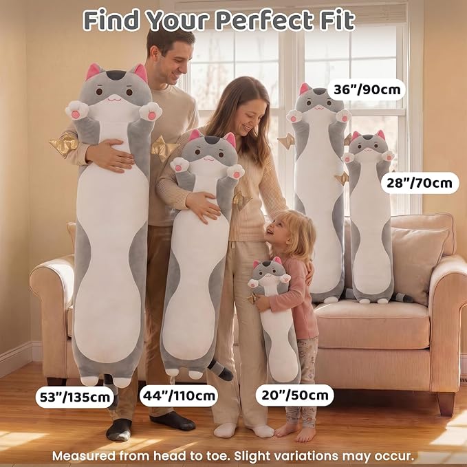 Mewaii Long Cat Plush 5 Sizes, 120% Extra Filling Giant Plushness Kids Body Pillow, Kawaii Cute Grey Cat Stuffed Animals Plushies, Big Long Body Pillow Cat Plush Gift for Girls 53”