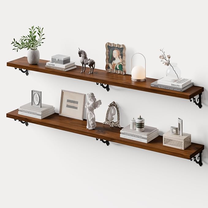 60 Inch 2 Tier Solid Wood Floating Shelves for Wall with Metal Brackets | 60 inch solid pine shelves, 2 tier, walnut finish, metal brackets for books, decor and home storage