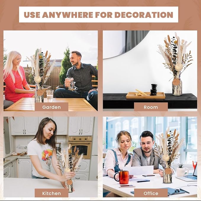Homey Breeze Natural Dried Pampas Grass Decor with Vase - 15 Inches 23 Pcs 10 Styles, Pampas Grass with Vase Included - Small Pampas Grass for Home Decor, Wedding, Party, Birthday