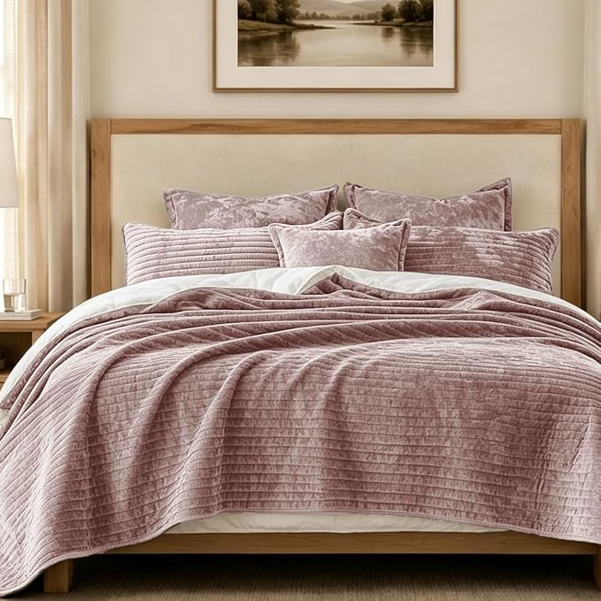 Luxury Velvet California King 106x118 in Quilt Set 3 Piece Quilted Bedspread with 2Pillow Shams(20x36) Ultra Soft Coverlet All Season Bedding for Farmhouse Modern Bedroom Sofa,Pink