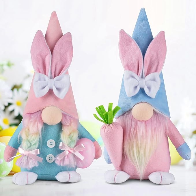Eimilaly Easter Bunny Gnomes for Pink Blue Decorations, Tomte Gnomes Set Ornaments for Garden or Easter Theme Party Gnome Decor - 2PCS