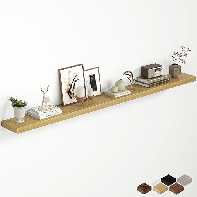 Fun Memories 72 Inch Floating Shelves for Wall, 8 Inch Deep Wall Mounted Wood Shelves with Invisible Brackets for Bathroom, Bedroom & Kitchen Storage Decor, Oak, 1 Pack